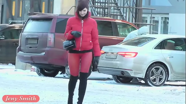 New Sexy Russian woman in red pantyhose with no panties (hidden cam energy Videos