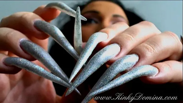 New long sharp fingernails in holographic silver, fingernails flicking energy Videos